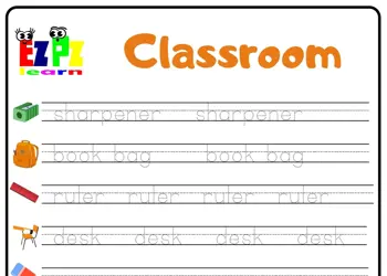 Classroom Objects 2 Word Tracing Worksheet